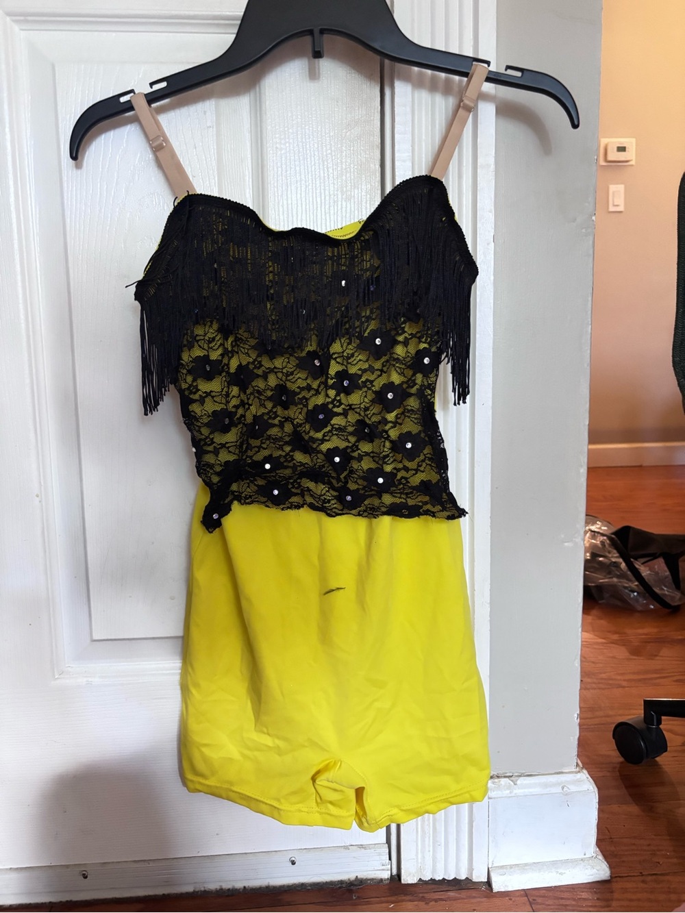 Yellow Lace-Overlay Fringe Bodysuit